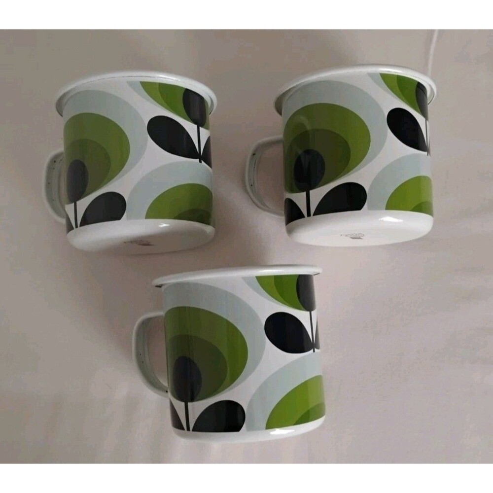 3 Orla Kiely Enamel Mugs MCM 70's Danish Style Floral Apple Green & Black Mint!